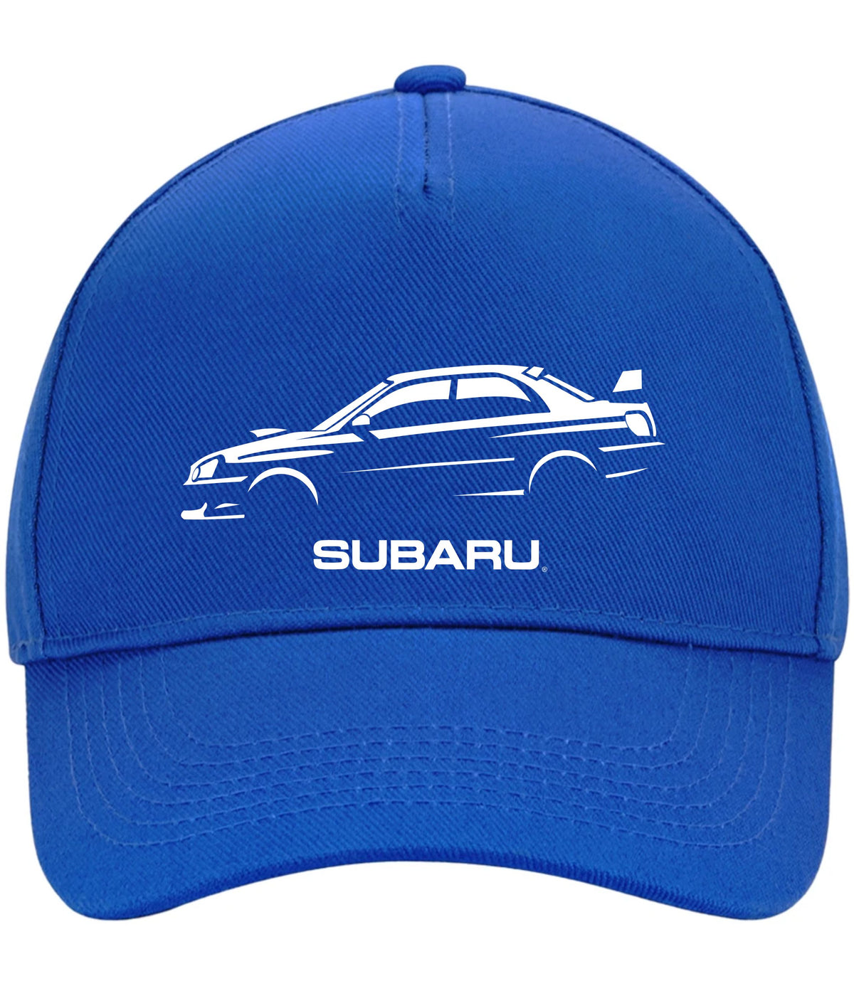 A royal blue baseball cap featuring a white line-art graphic of a Subaru car and the word 'SUBARU' printed on the front, set against a plain white background.