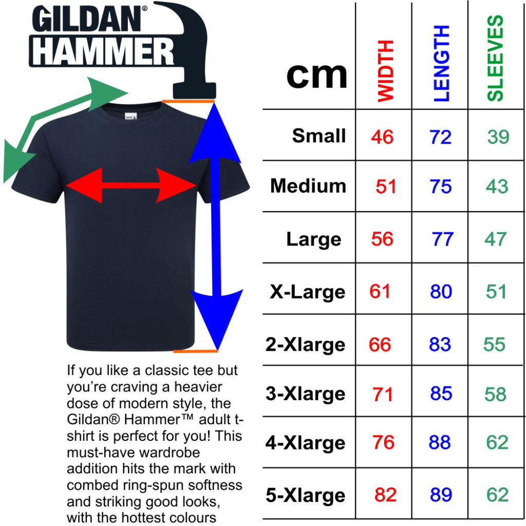 Gildan Hammer t-shirt size chart with measurements in centimeters