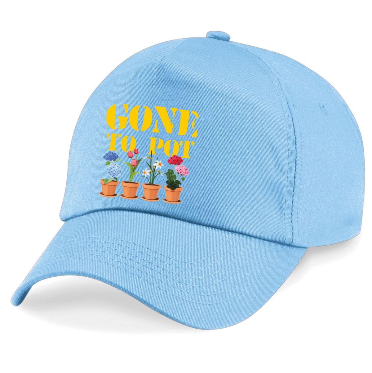 A light blue baseball cap featuring a graphic on the front with the yellow text 'GONE TO POT' above four colorful potted flowers, shown on a clean white background.
