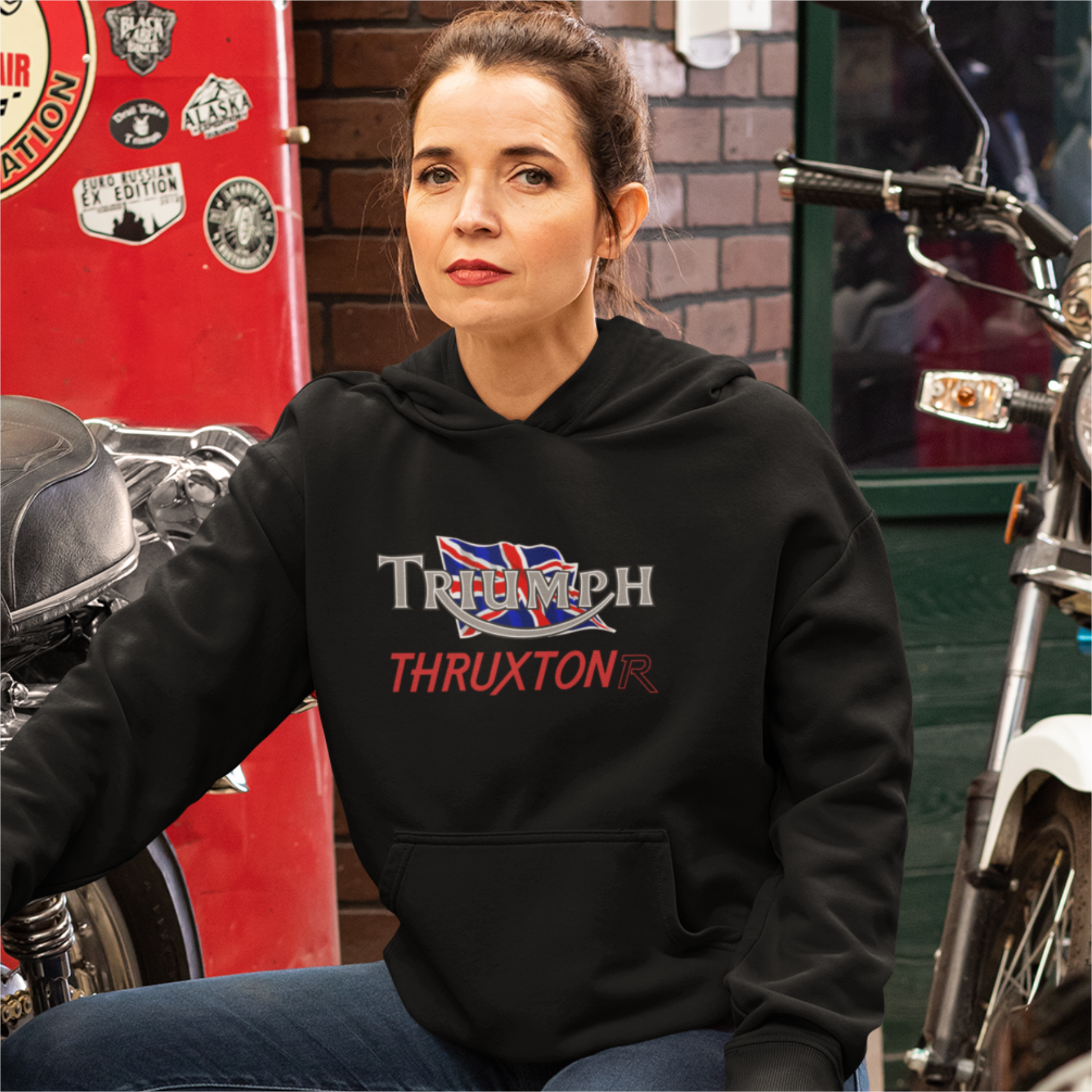 Customisable Retro Classic English Triumph Thruxton Biker Premium Hooded Sweatshirt