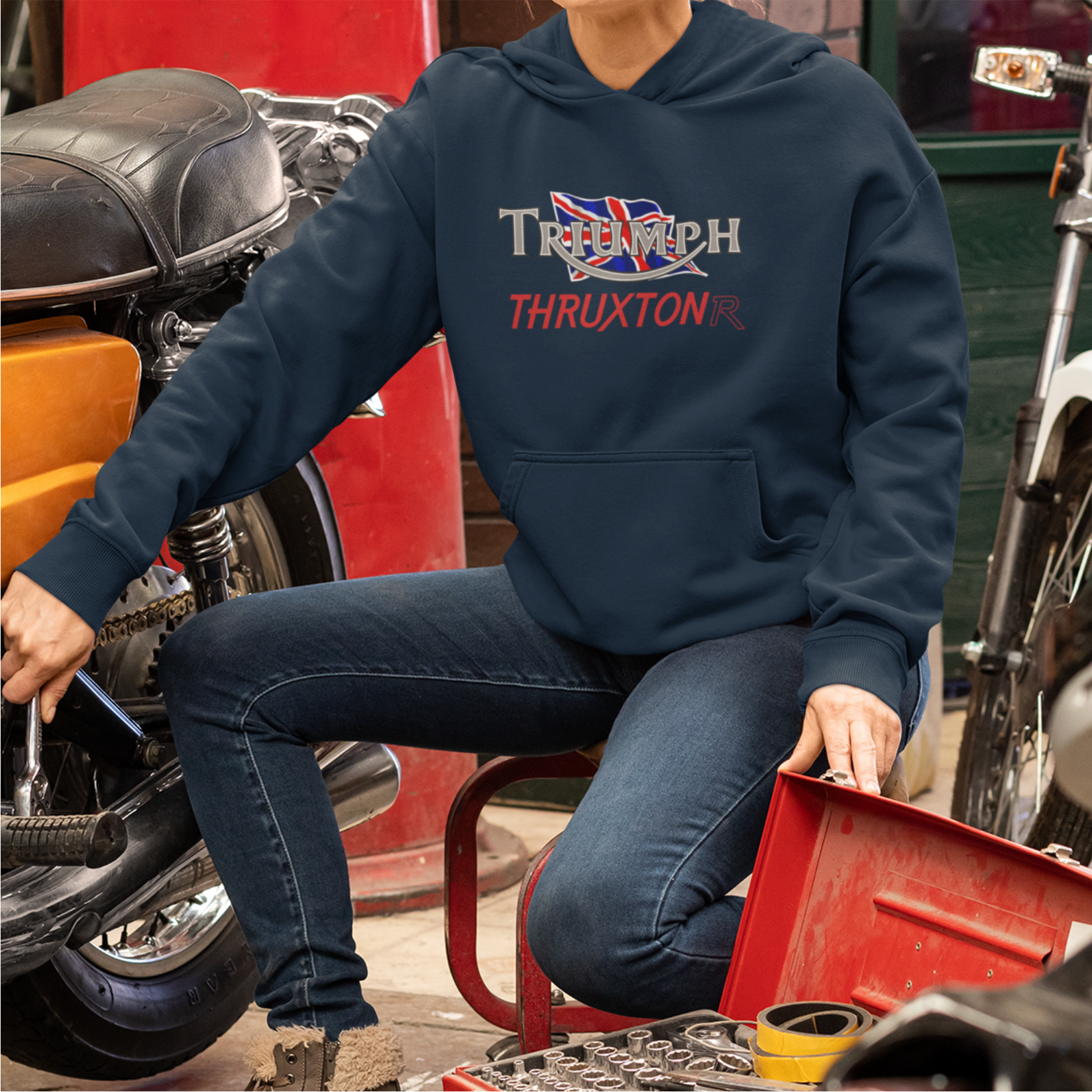Customisable Retro Classic English Triumph Thruxton Biker Premium Hooded Sweatshirt
