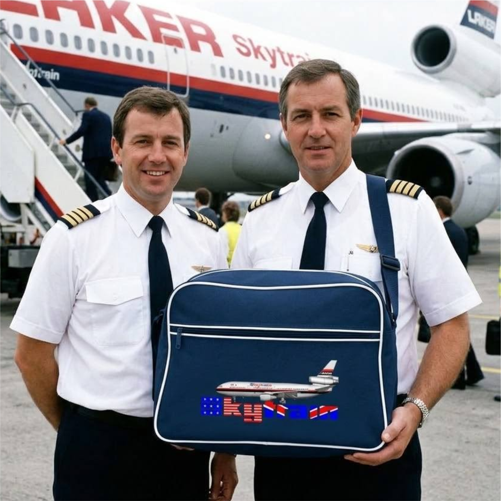 Two airline pilots in white uniforms holding a navy blue travel bag with an airplane graphic and the word 'SKYTAINER' printed on it, with a real airplane and tarmac in the background.
