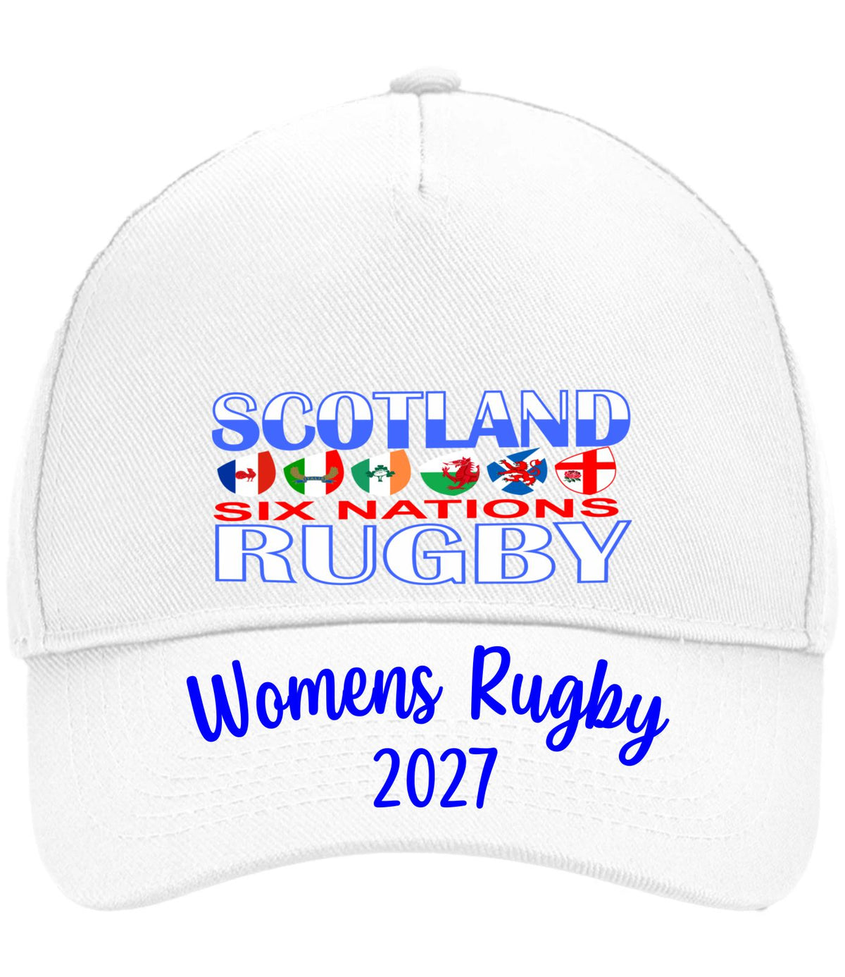 A white structured baseball cap featuring printed text and graphics for 'Scotland Six Nations Rugby' and 'Womens Rugby 2027' in blue and red, shown against a plain white background.