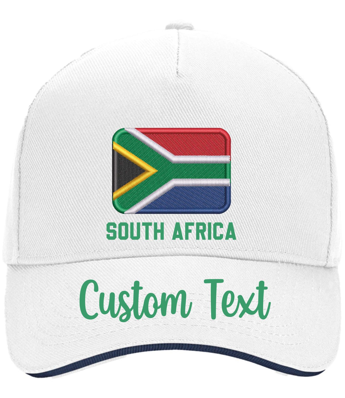 A white baseball cap featuring a faux embroidered South African flag and the text 'SOUTH AFRICA' on the front, with 'Custom Text' printed in green on the brim.