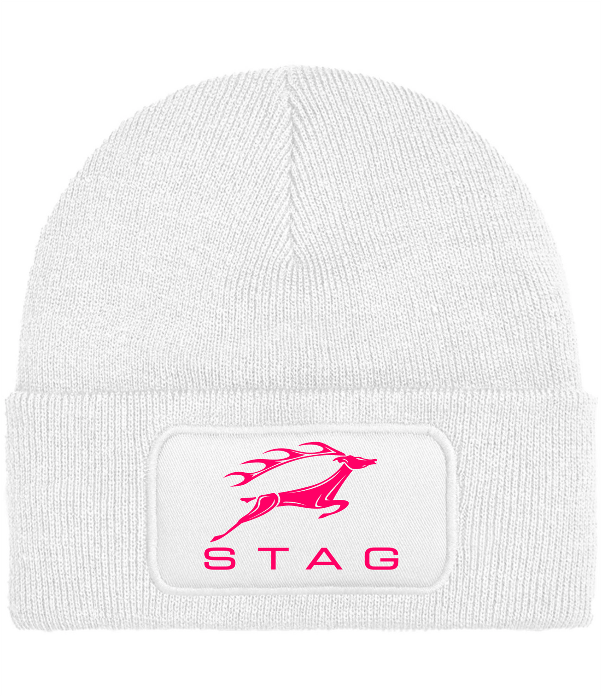 A white ribbed knit beanie hat featuring a rectangular white patch on the front cuff with a bright pink printedstag logo and the word 'STAG'.