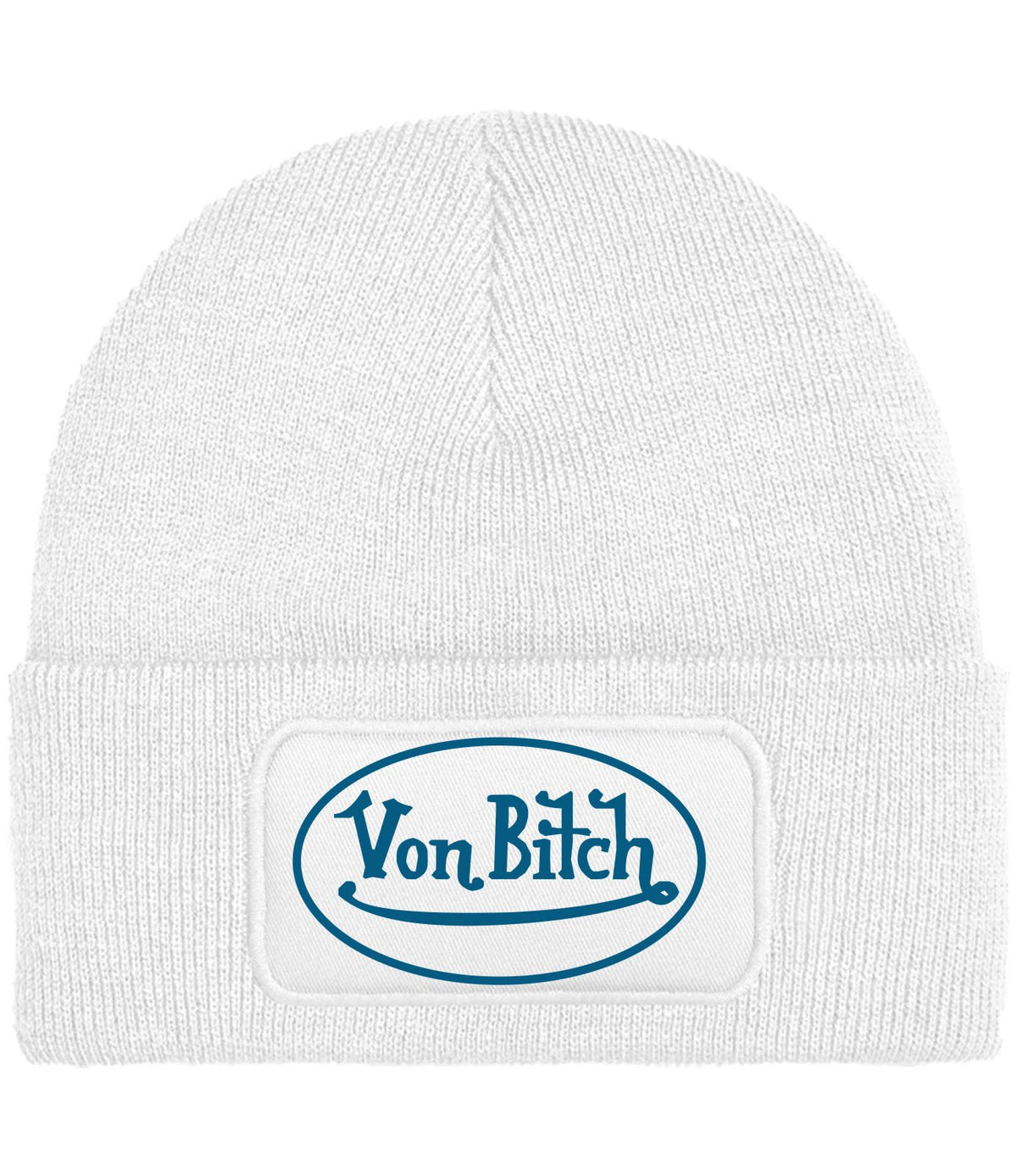 A white ribbed knit beanie hat featuring a white rectangular patch on the front cuff with the text 'Von Bitch' in blue script inside a blue oval.