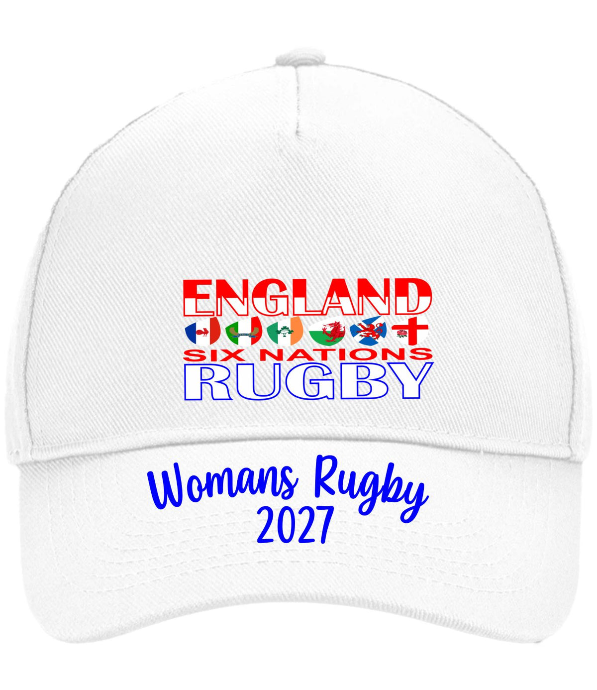 A white baseball cap featuring printed text and graphics for 'England Six Nations Rugby' and 'Womans Rugby 2027' on the front and brim.