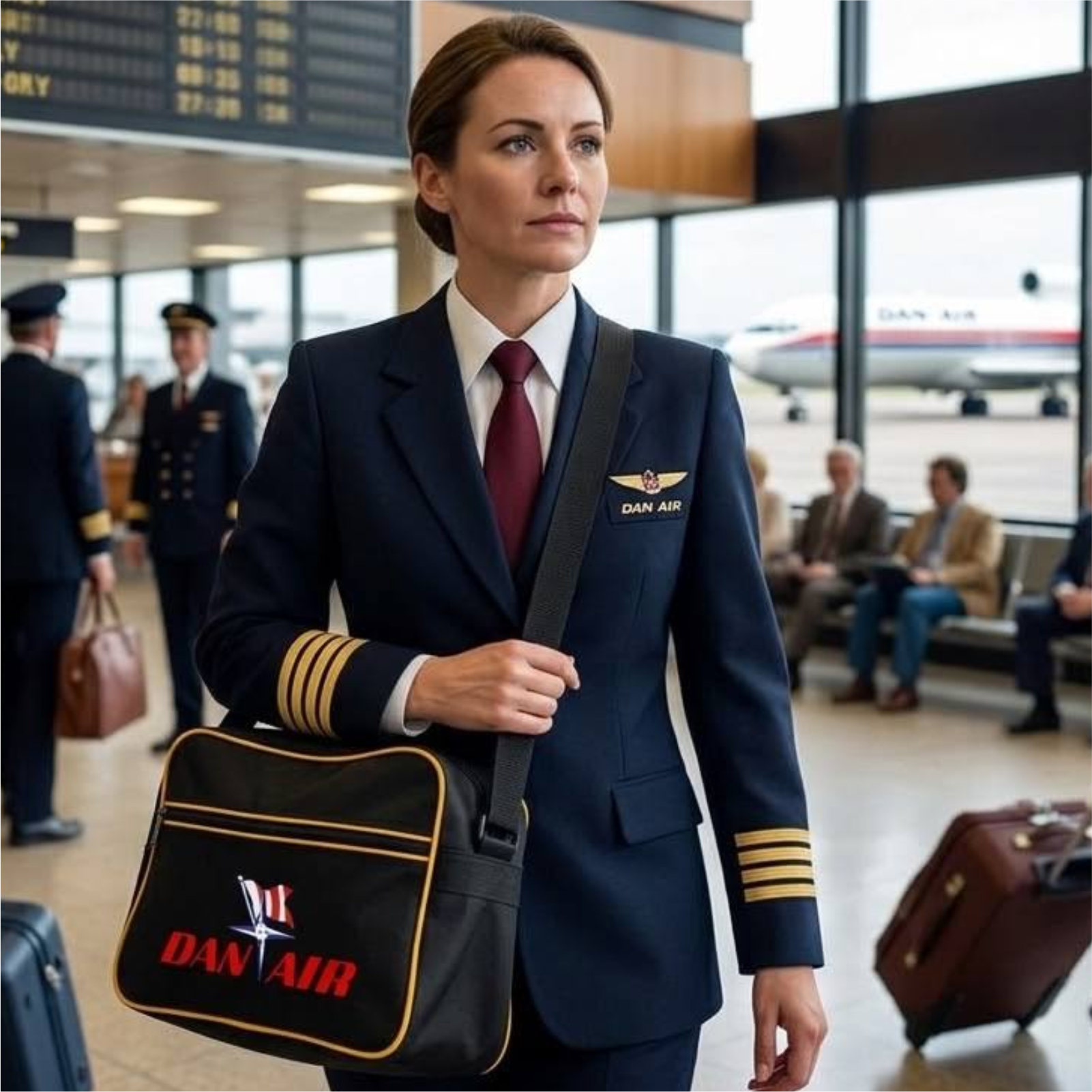 A woman in a navy blue airline uniform with gold stripes and a red tie carries a black DAN AIR shoulder bag with gold trim, standing in an airport terminal with blurred passengers and an airplane in the background.