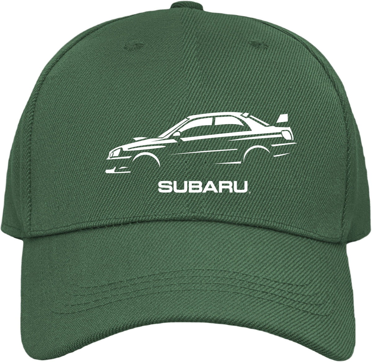 A dark green baseball cap featuring a white line-art graphic of a Subaru car and the word 'SUBARU' embroidered on the front, shown against a plain white background.