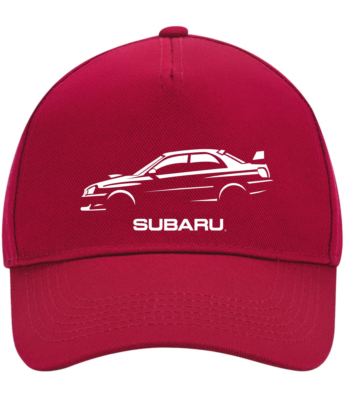 A red baseball cap featuring a white embroidered outline of a Subaru car and the word 'SUBARU' on the front, shown against a plain white background.