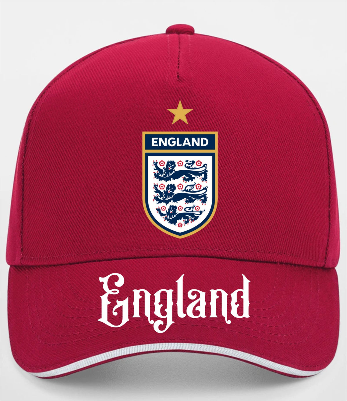 Red cap with England logo and text on a white background