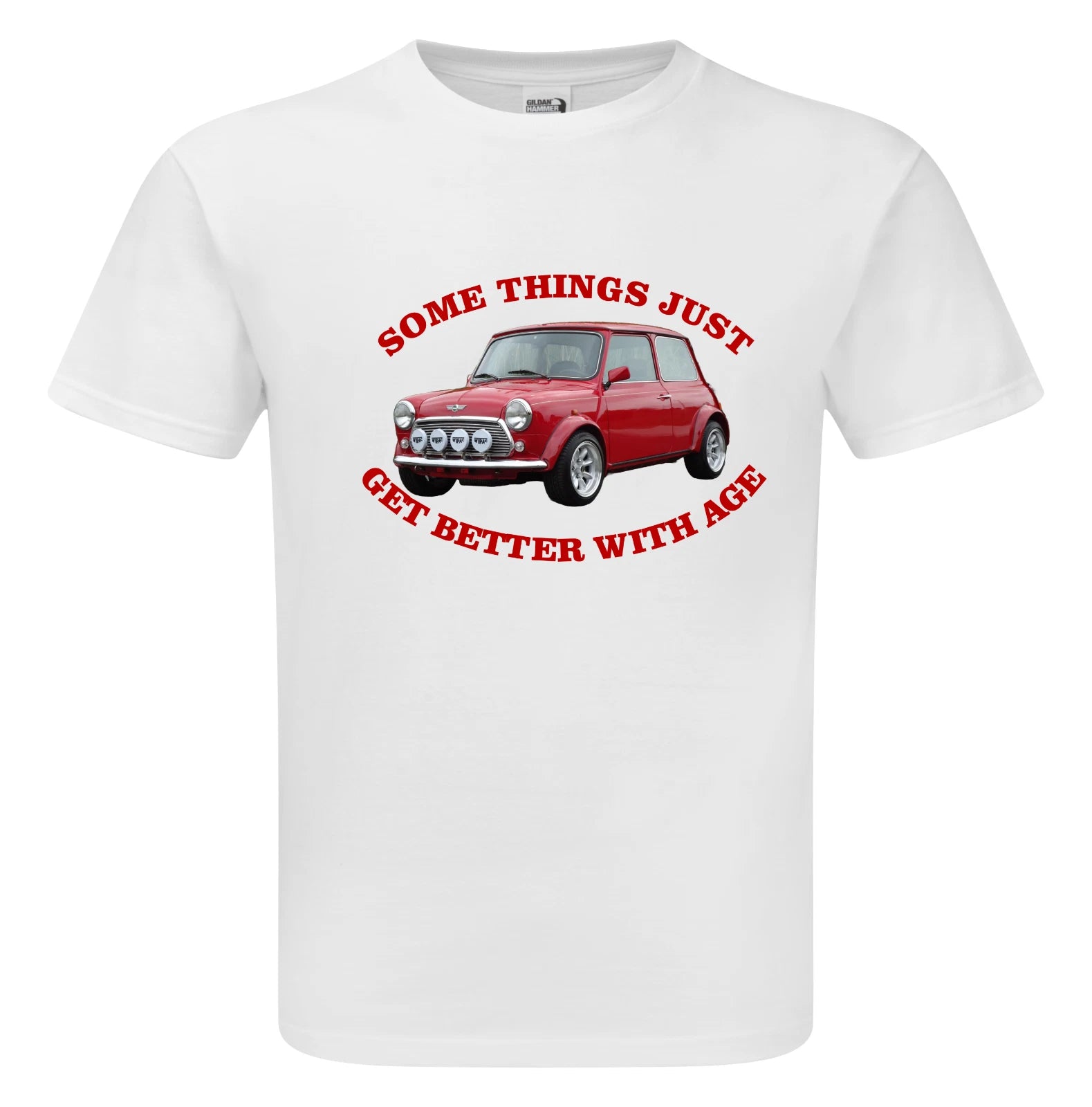 White t-shirt with red car graphic and text on a white background