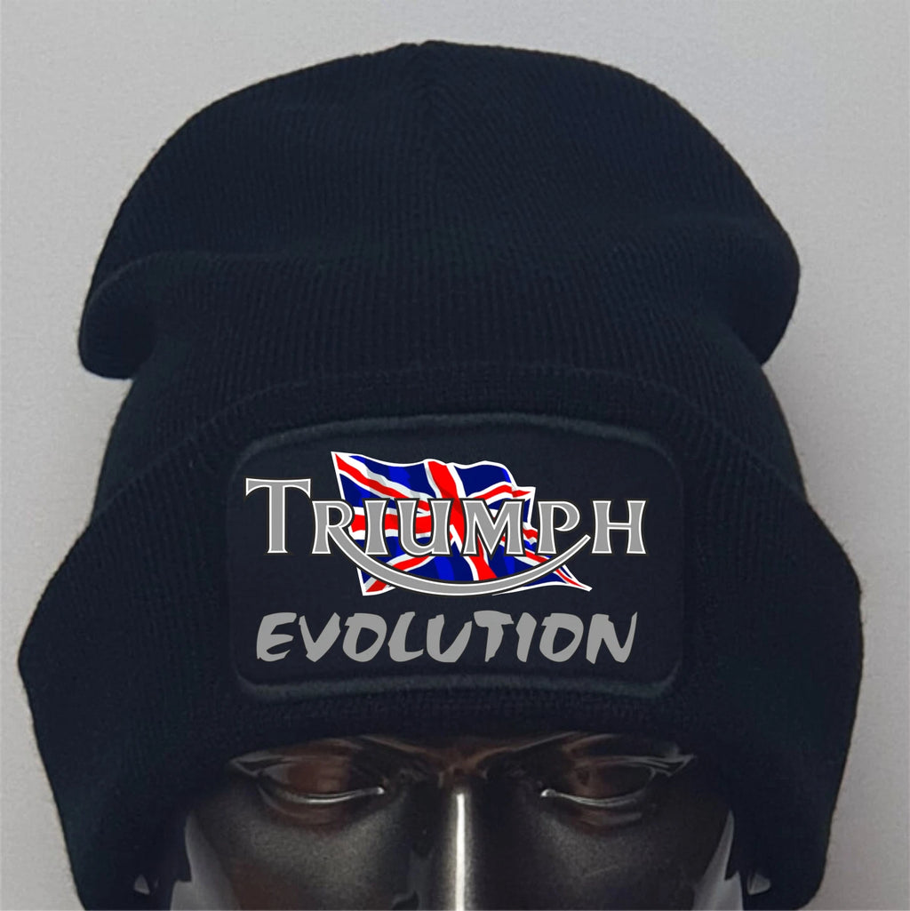 Black beanie with 'Triumph Evolution' logo on a mannequin head against a gray background