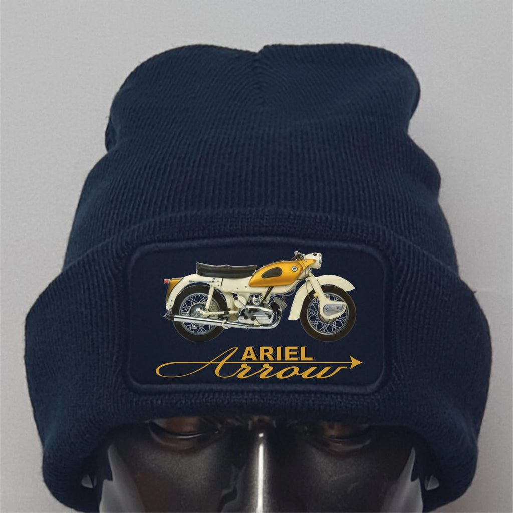 Navy blue beanie with 'Ariel Arrow' motorcycle design on a gray background