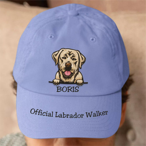 Blue cap with a dog illustration and text 'Boris Official Labrador Walker' on a blurred background