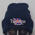 Navy blue beanie with Triumph logo featuring British flag design on a gray background
