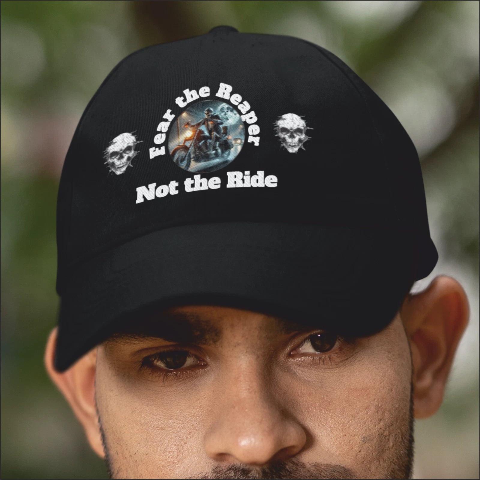 Funny  Biker Motorcycle 'Fear the Reaper' Text & Image Premium Baseball cap