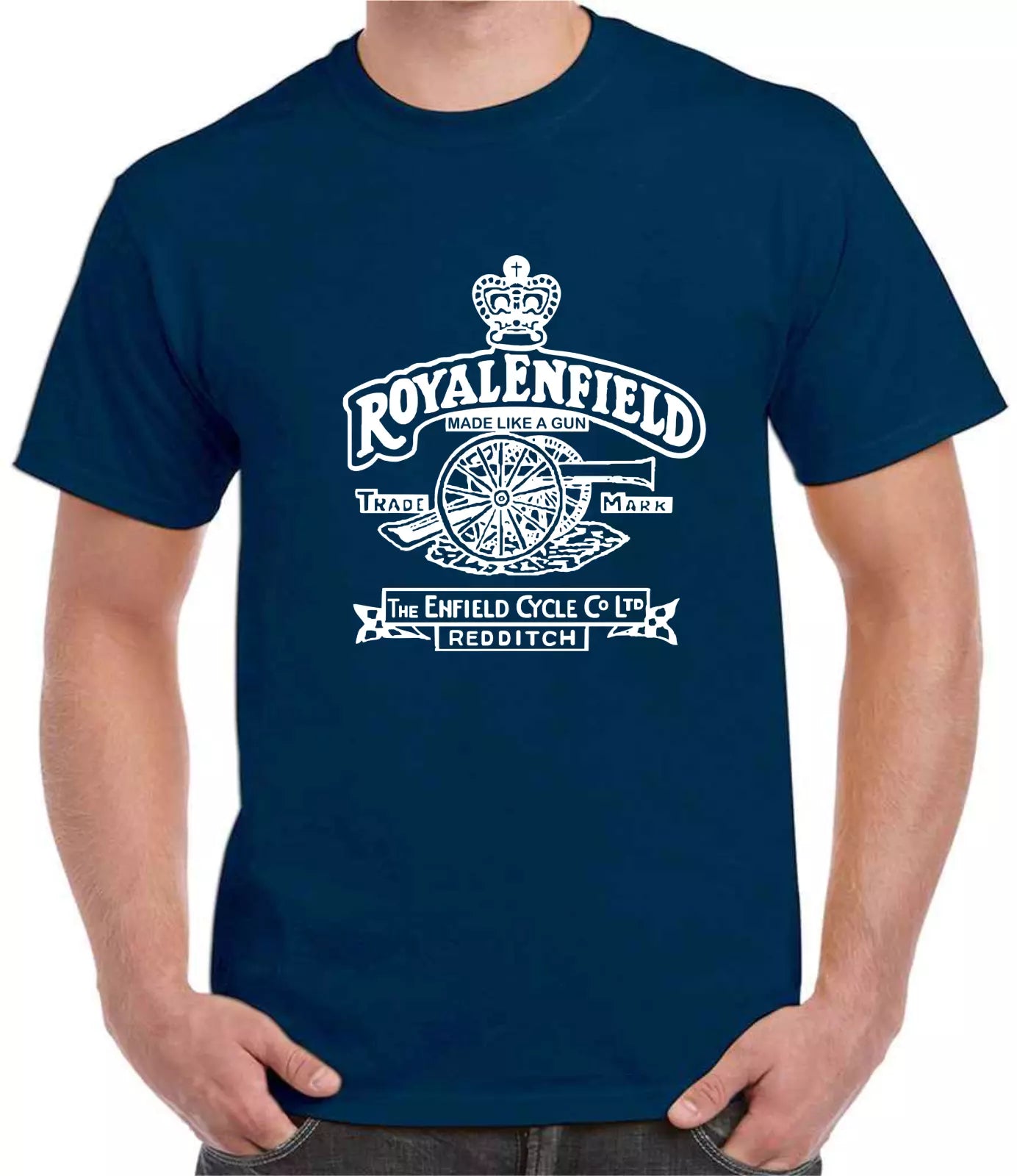 Navy blue t-shirt with white 'Royal Enfield' logo worn by a person
