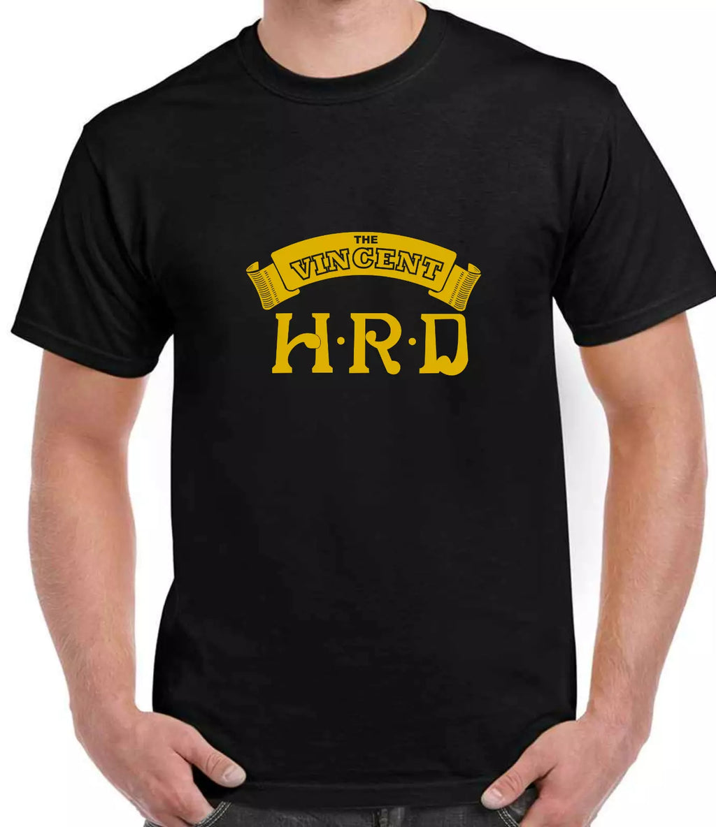 Black t-shirt with yellow text 'The Vincent H.R.D' on a white background