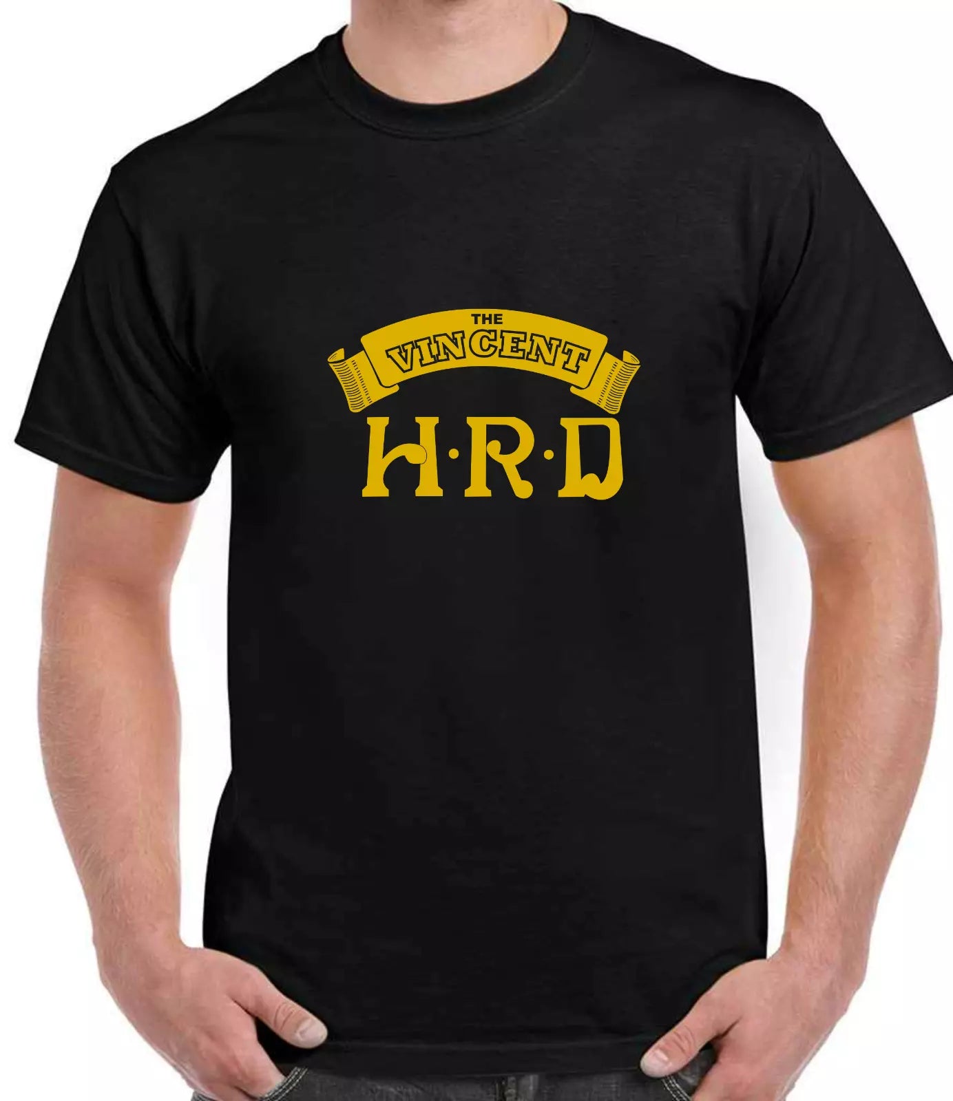 Black t-shirt with yellow text 'The Vincent H.R.D' on a white background