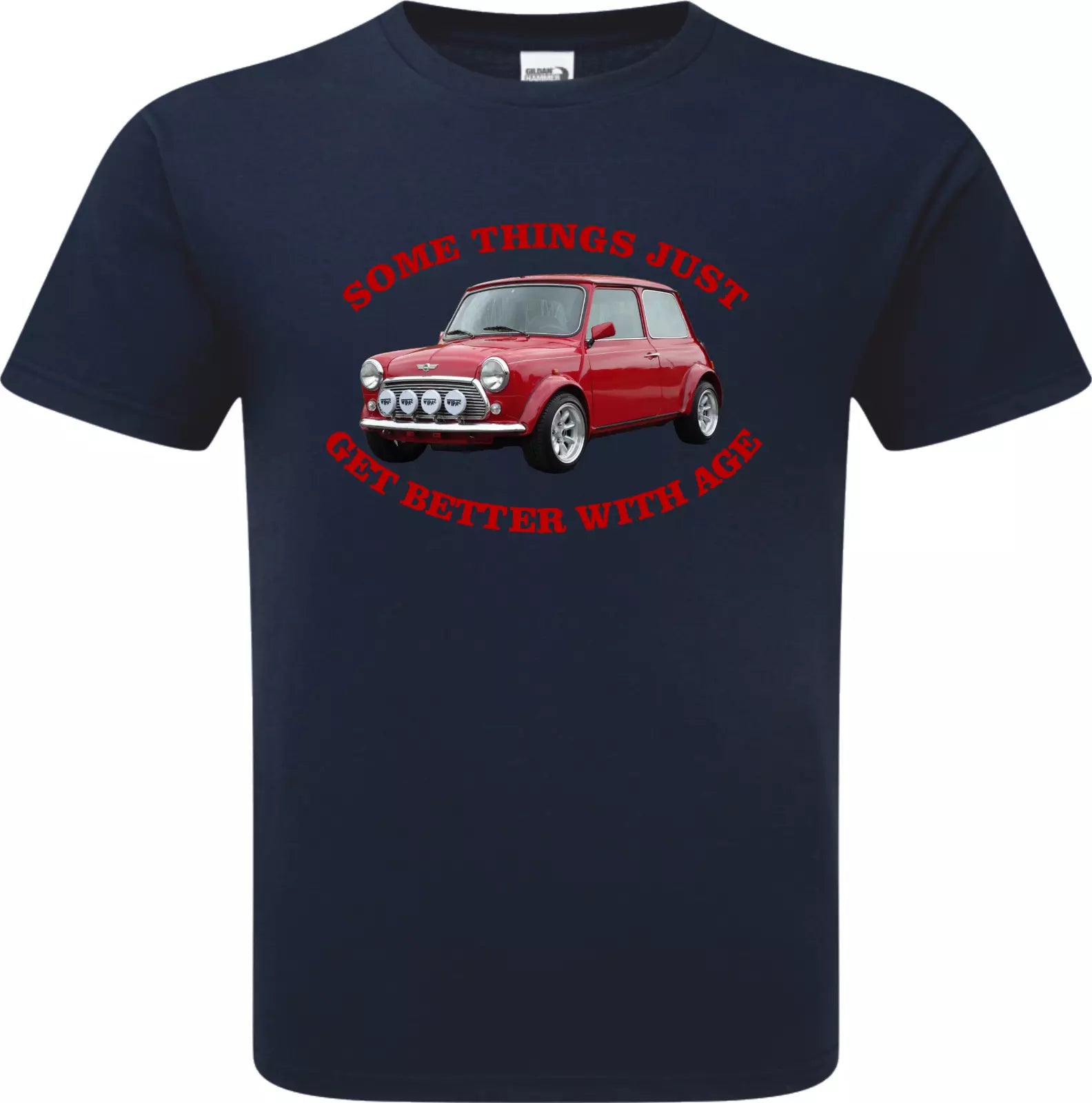 Navy blue t-shirt with a red car graphic and text on a white background