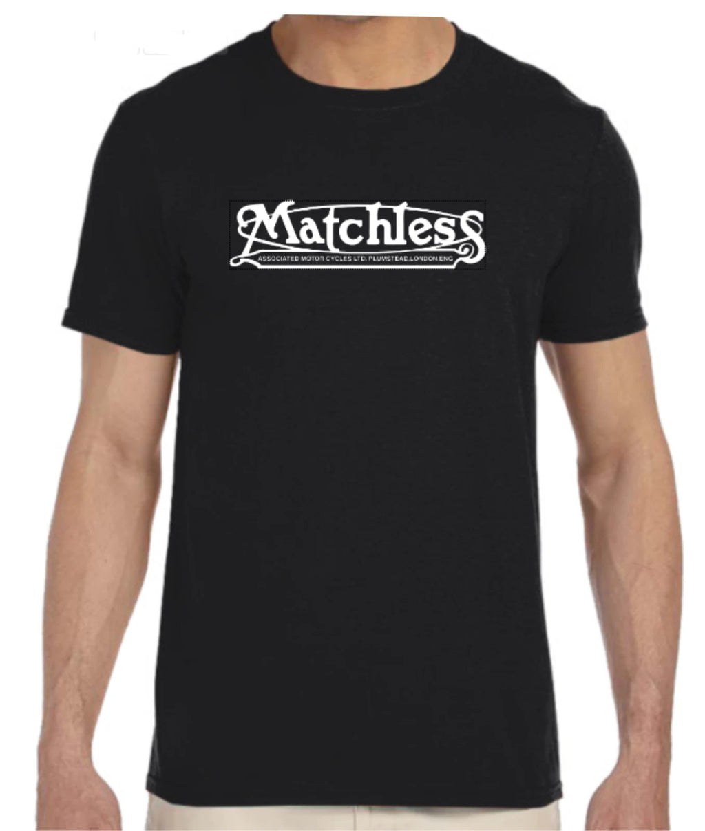 Black t-shirt with 'Matchless' logo worn by a person on a white background