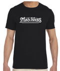 Black t-shirt with 'Matchless' logo worn by a person on a white background
