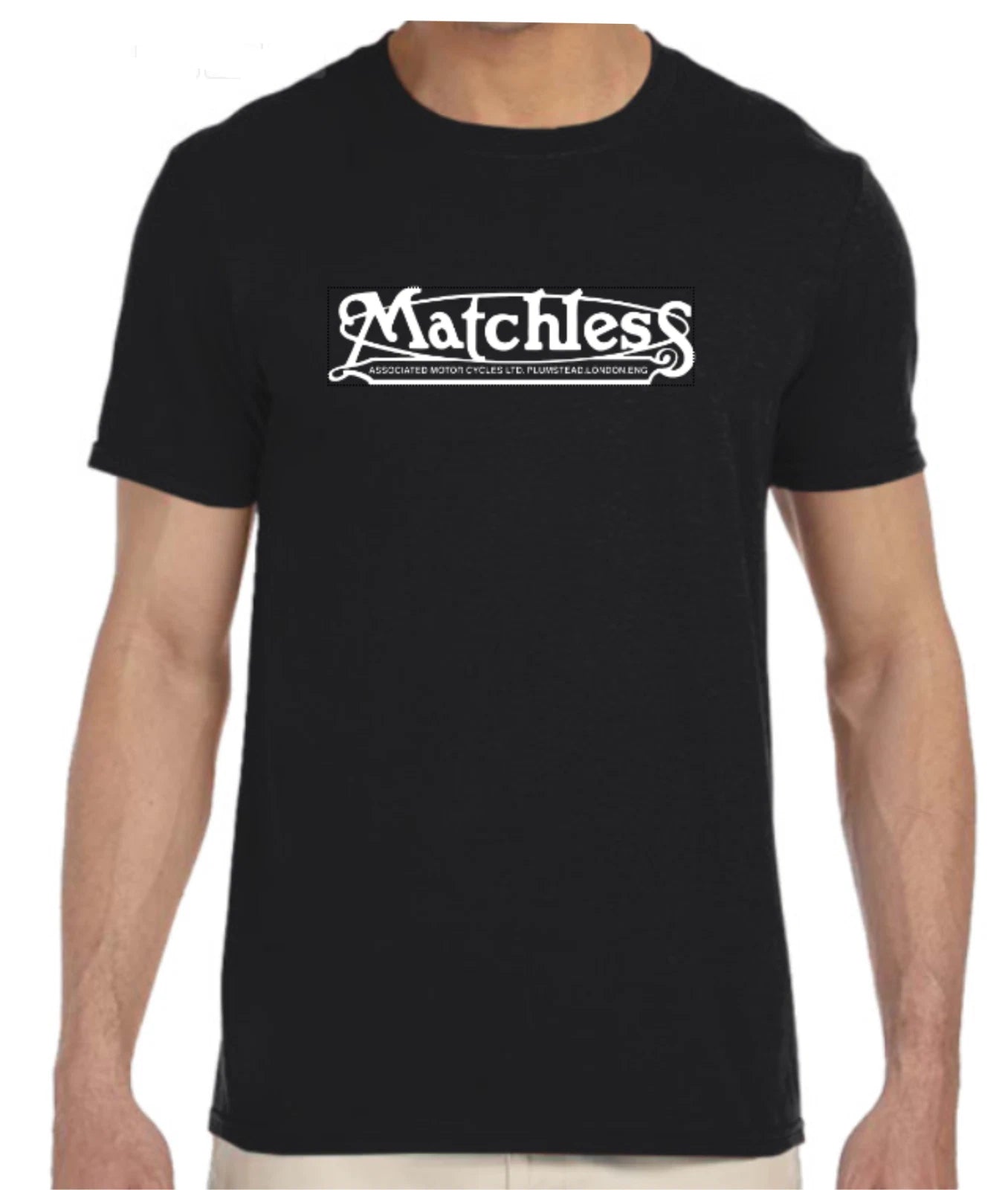 Black t-shirt with 'Matchless' logo worn by a person on a white background