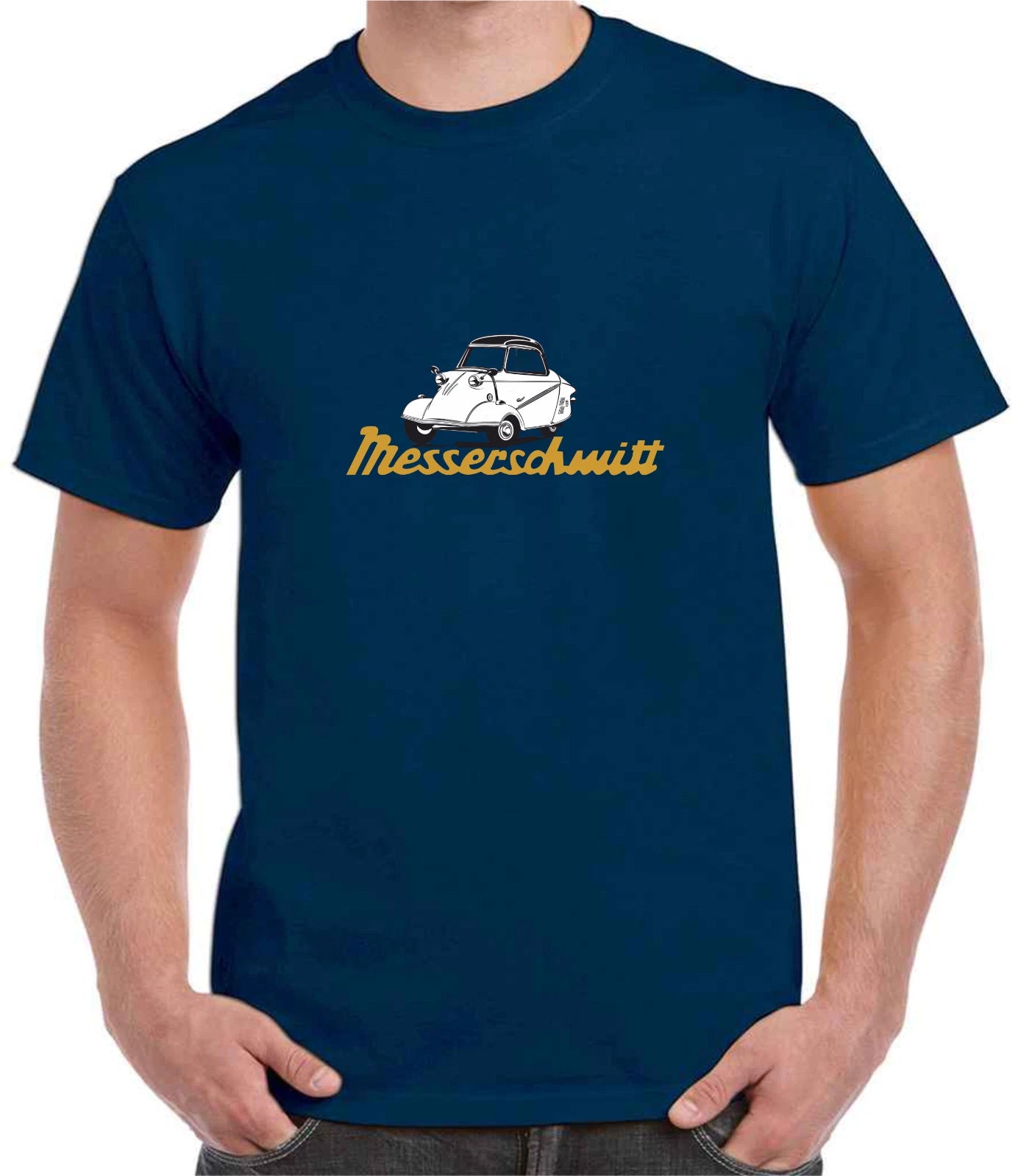 Navy blue t-shirt with Messerschmitt logo worn by a person