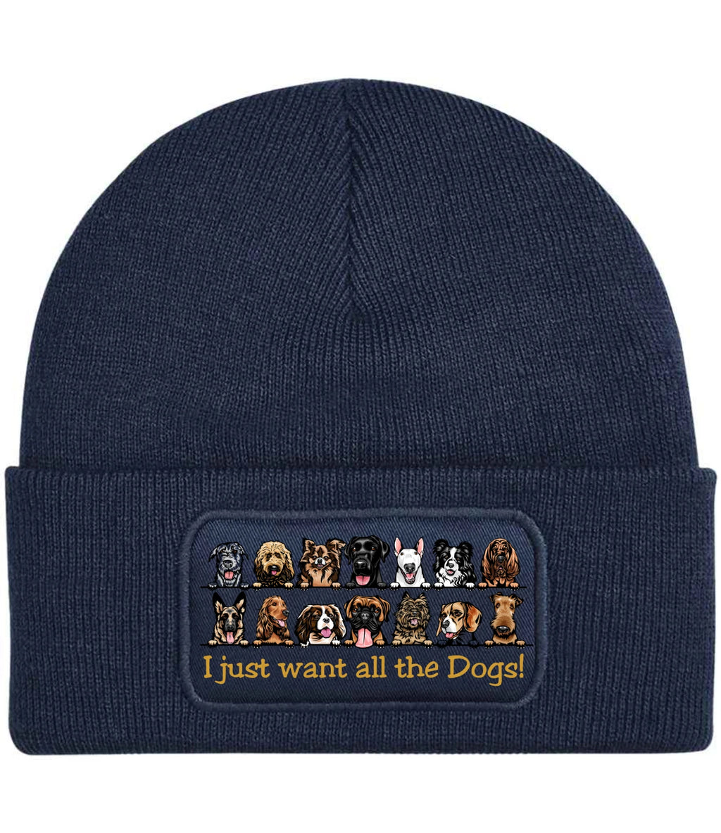 Funny I Want All The Dogs illustration and text knitted Premium Quality Beanie