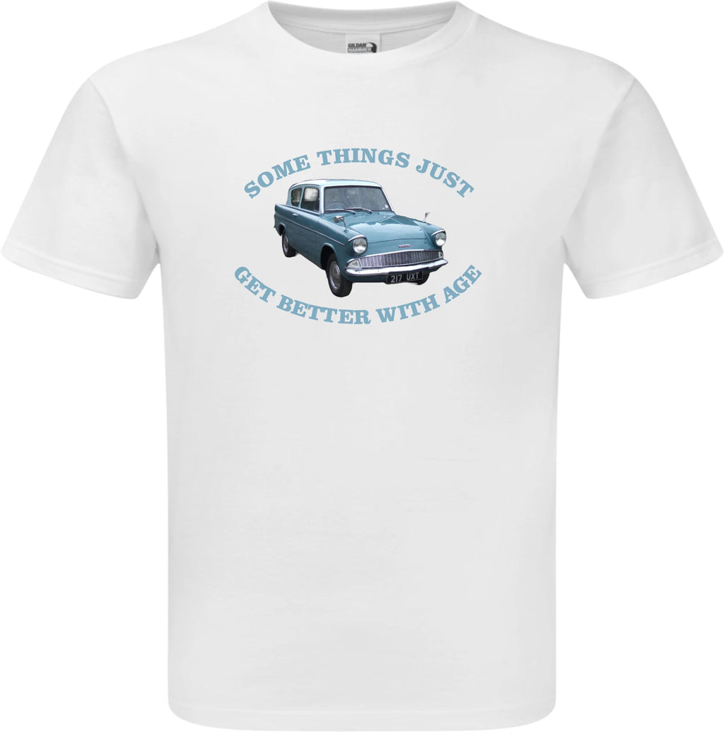 White t-shirt with a graphic of a blue car and text on a white background