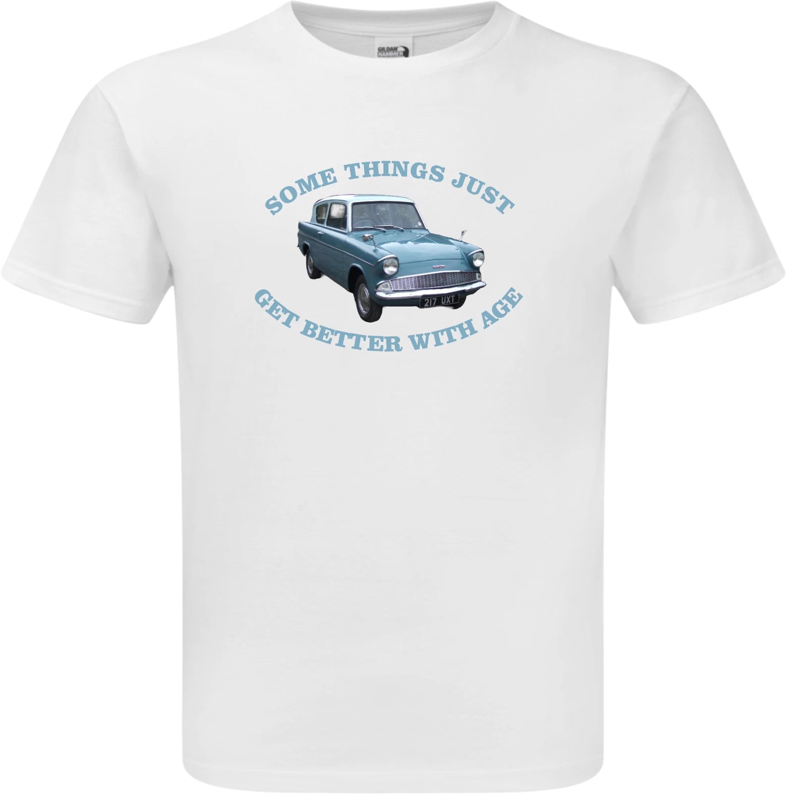 White t-shirt with a graphic of a blue car and text on a white background