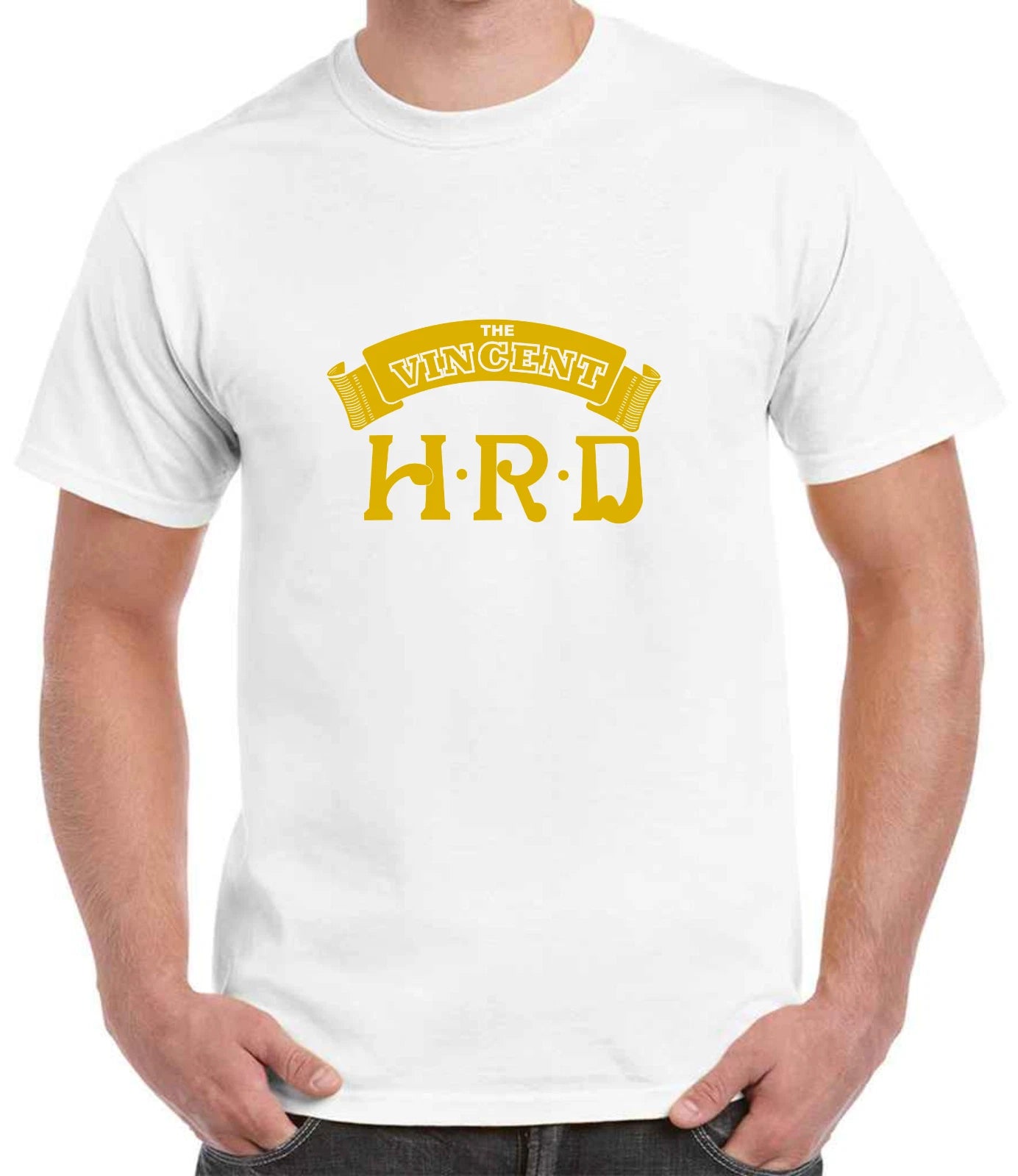White t-shirt with yellow text and logo on a white background