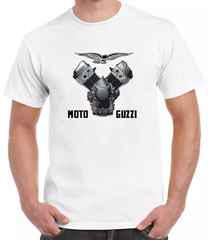 White t-shirt with Moto Guzzi engine graphic worn by a person