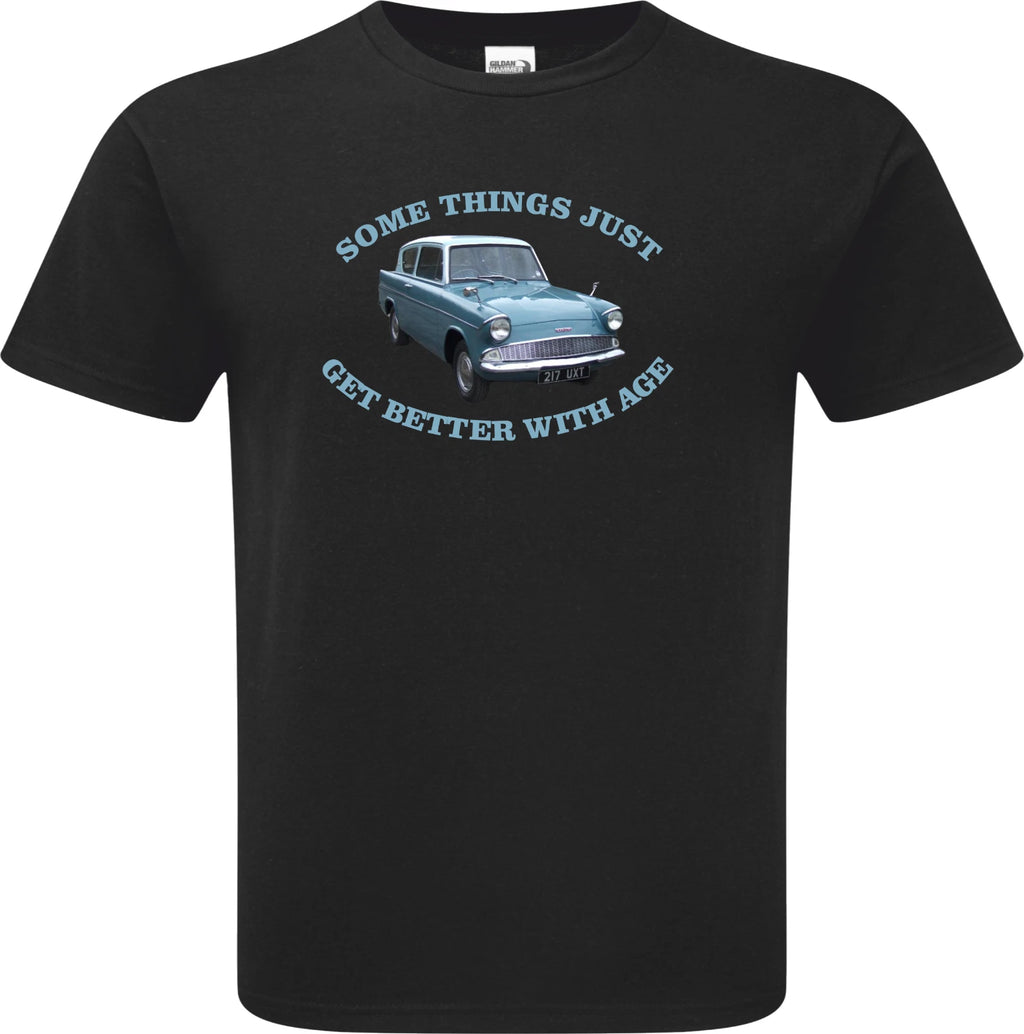Black t-shirt with a graphic of a vintage car and text on a white background