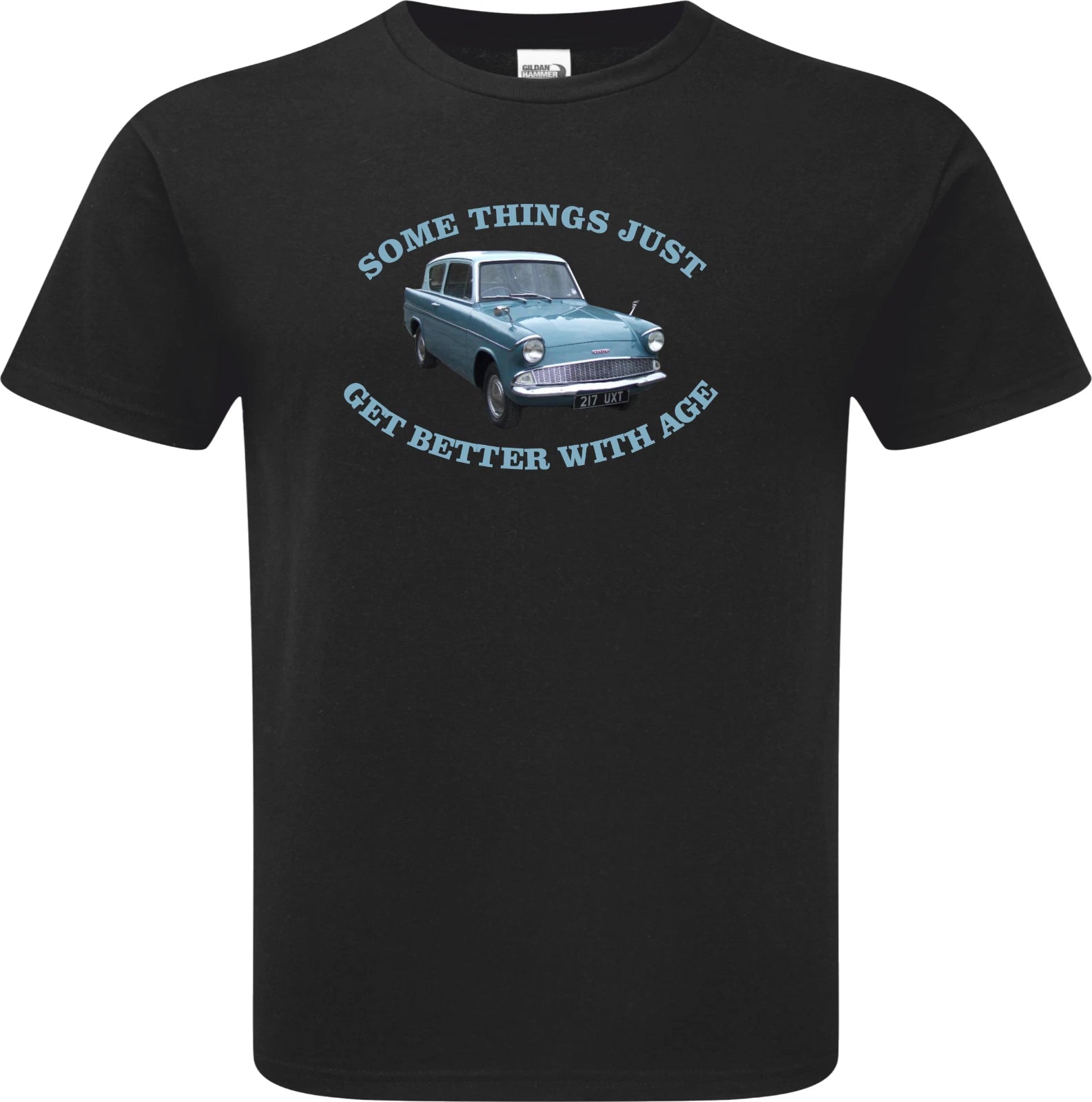 Black t-shirt with a graphic of a vintage car and text on a white background