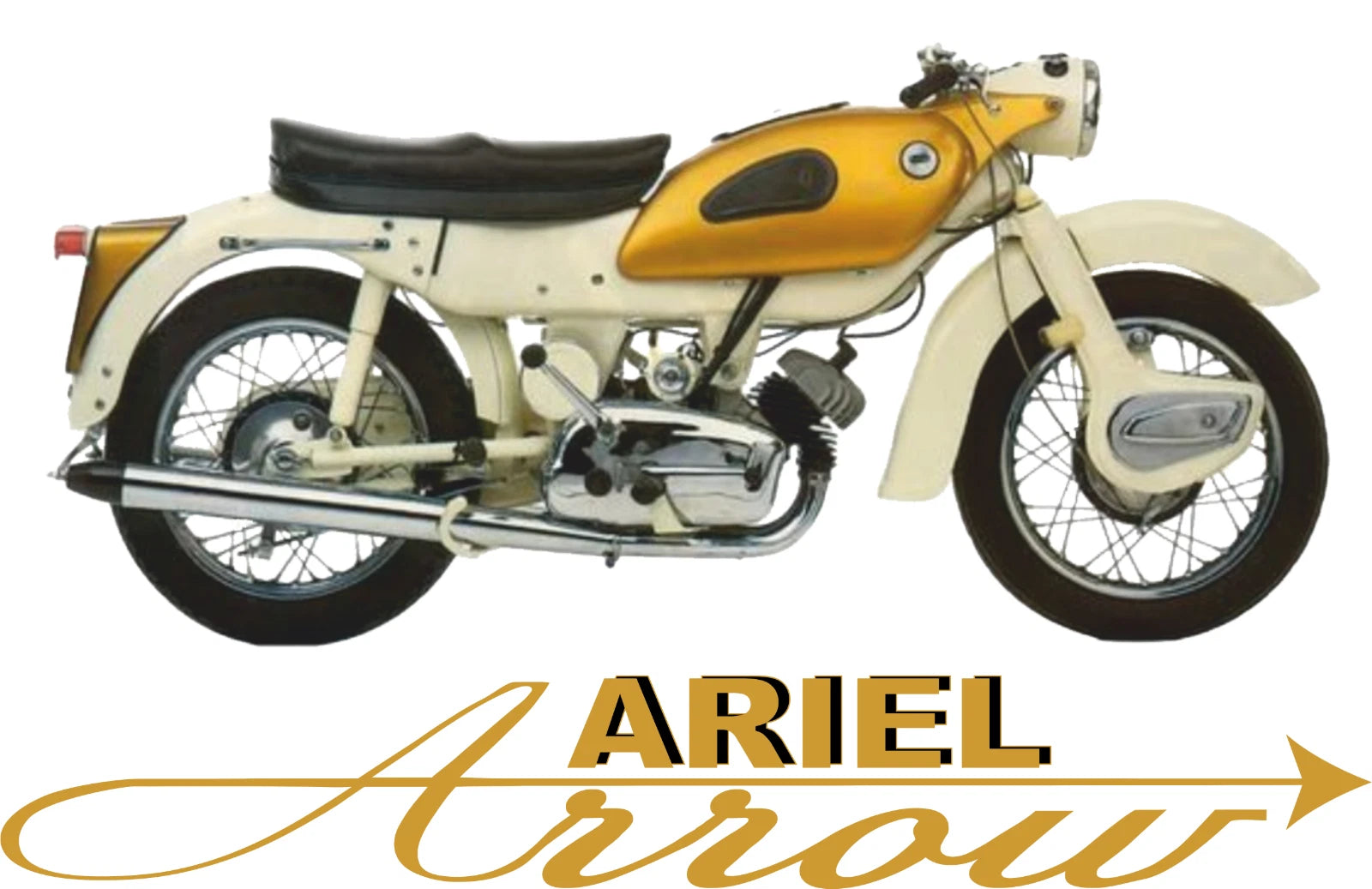Vintage motorcycle with 'Ariel Arrow' branding on a white background
