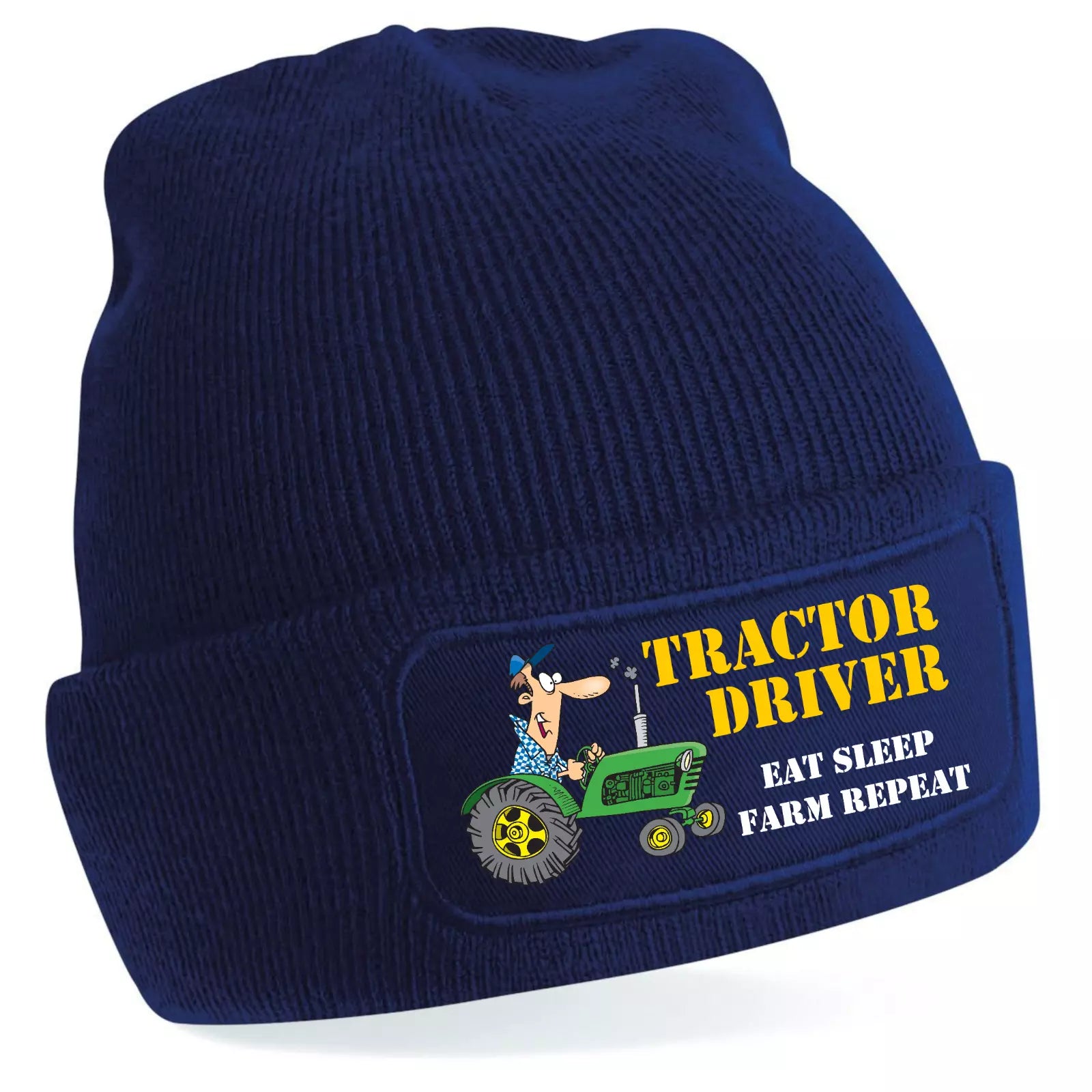 Navy blue beanie with 'Tractor Driver' design and text on a white background