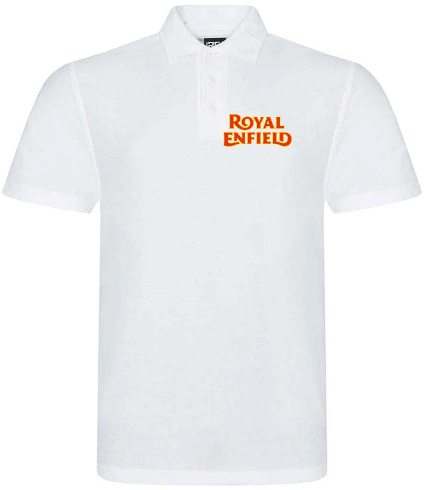 White polo shirt with 'Royal Enfield' logo on a white background