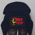 Black beanie with BSA Bantam logo on a mannequin head against a gray background