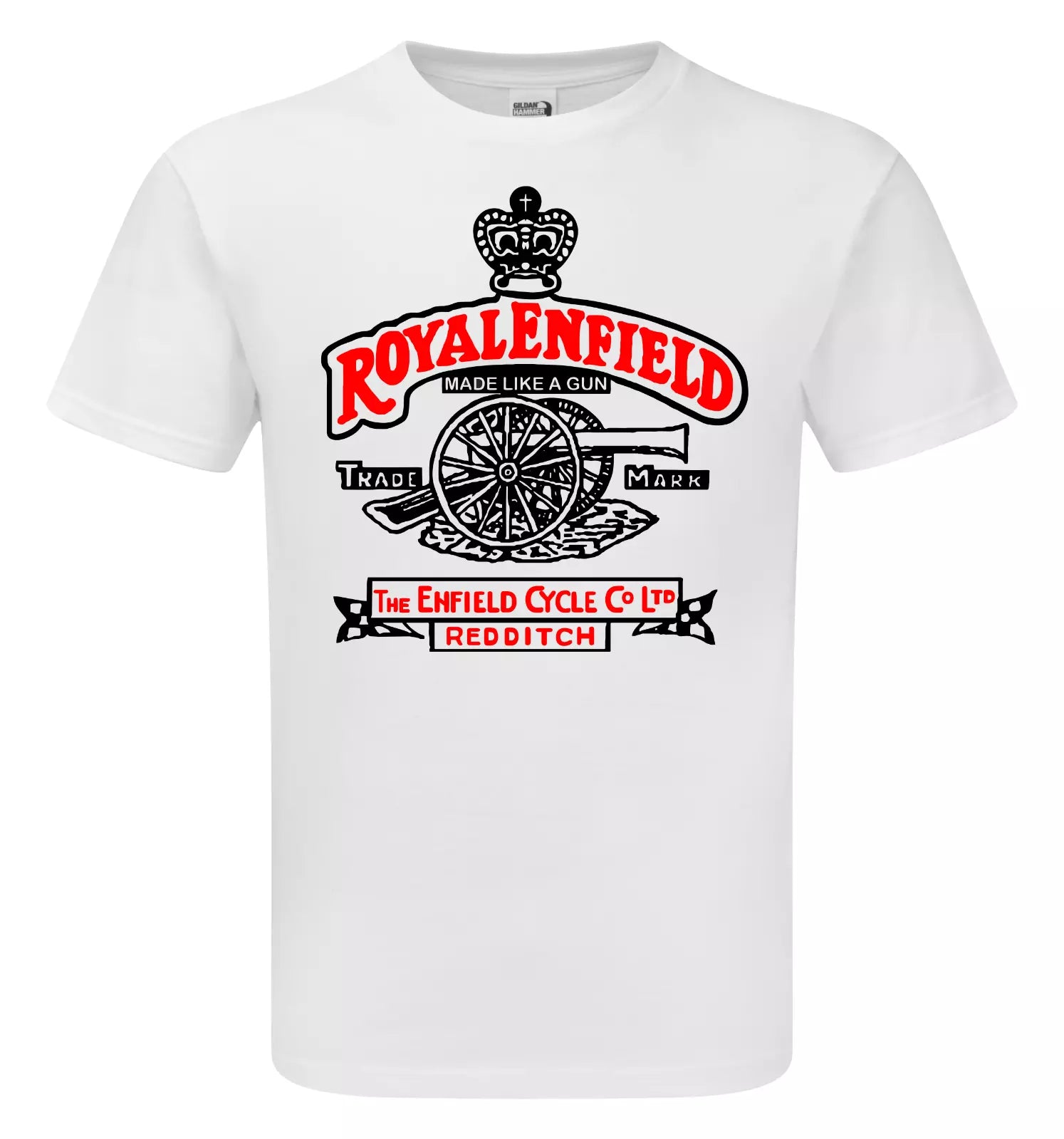White t-shirt with a Royalenfield logo on a white background