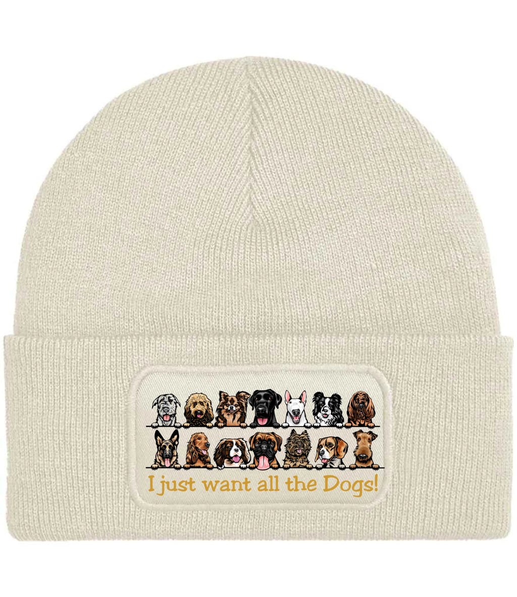 Funny I Want All The Dogs illustration and text knitted Premium Quality Beanie