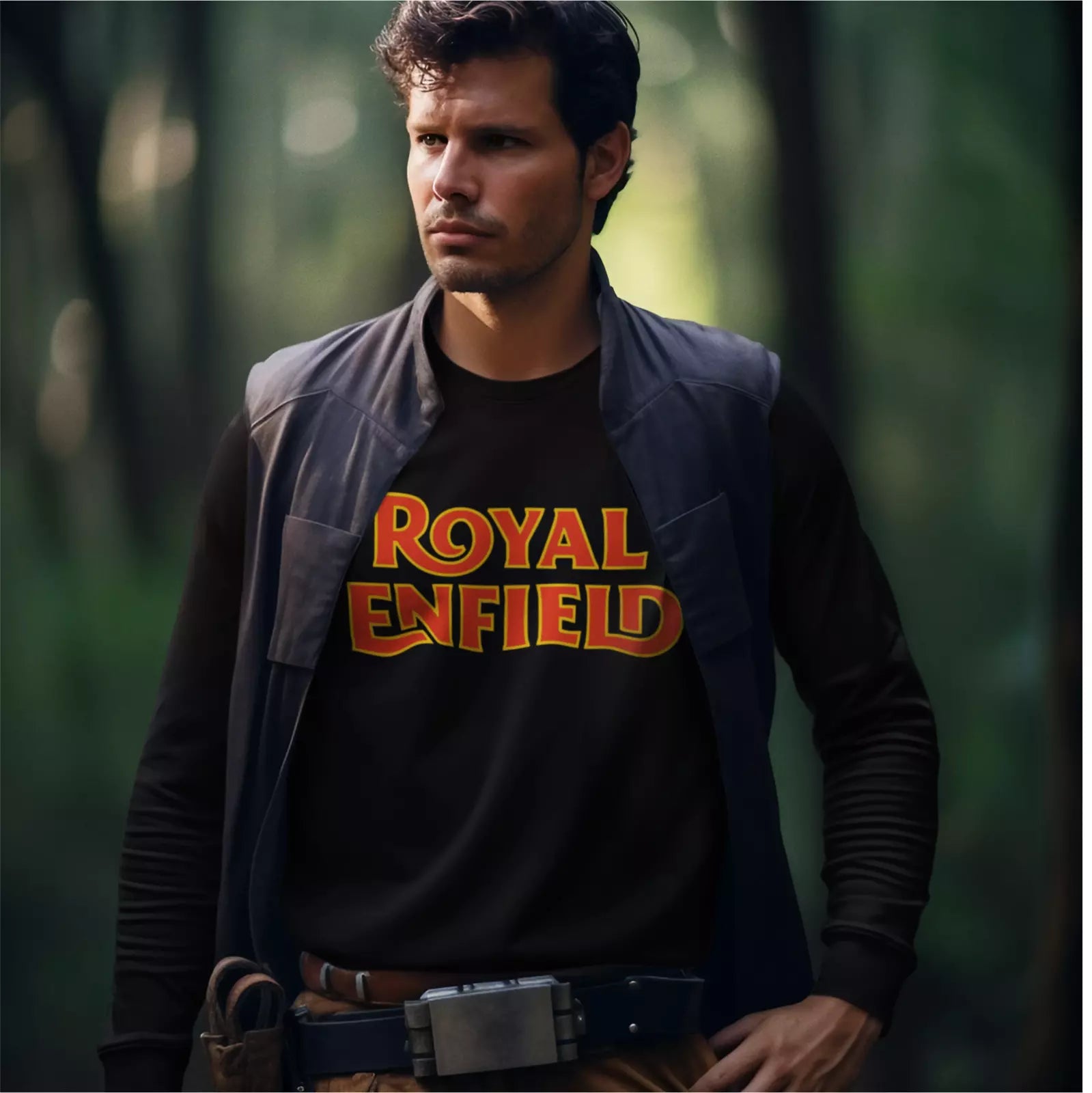 Man wearing a black t-shirt with 'Royal Enfield' logo in a forest setting