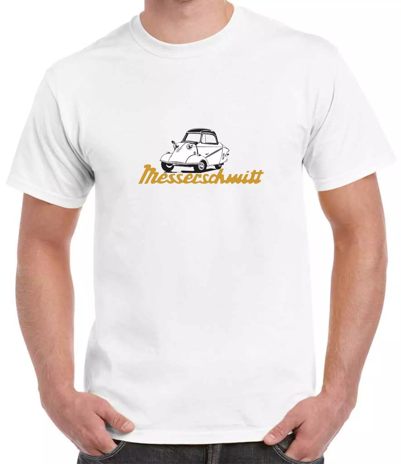 White t-shirt with a graphic design and text on a white background