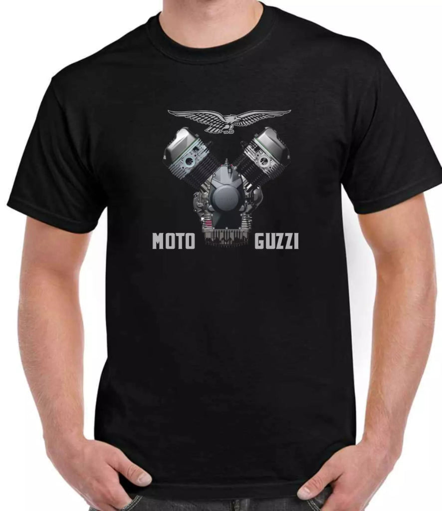 Black t-shirt with Moto Guzzi engine graphic on a white background
