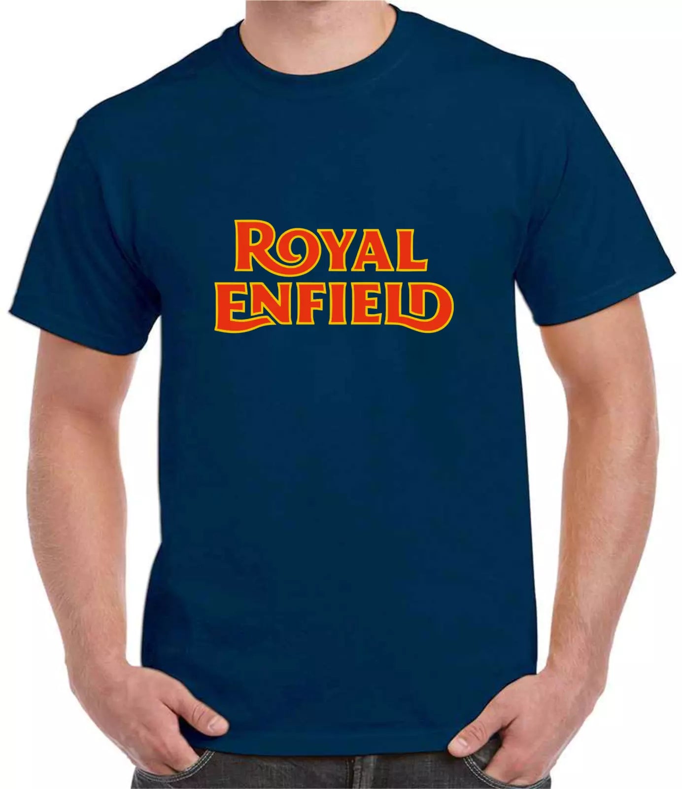 Navy blue t-shirt with 'Royal Enfield' logo on a white background