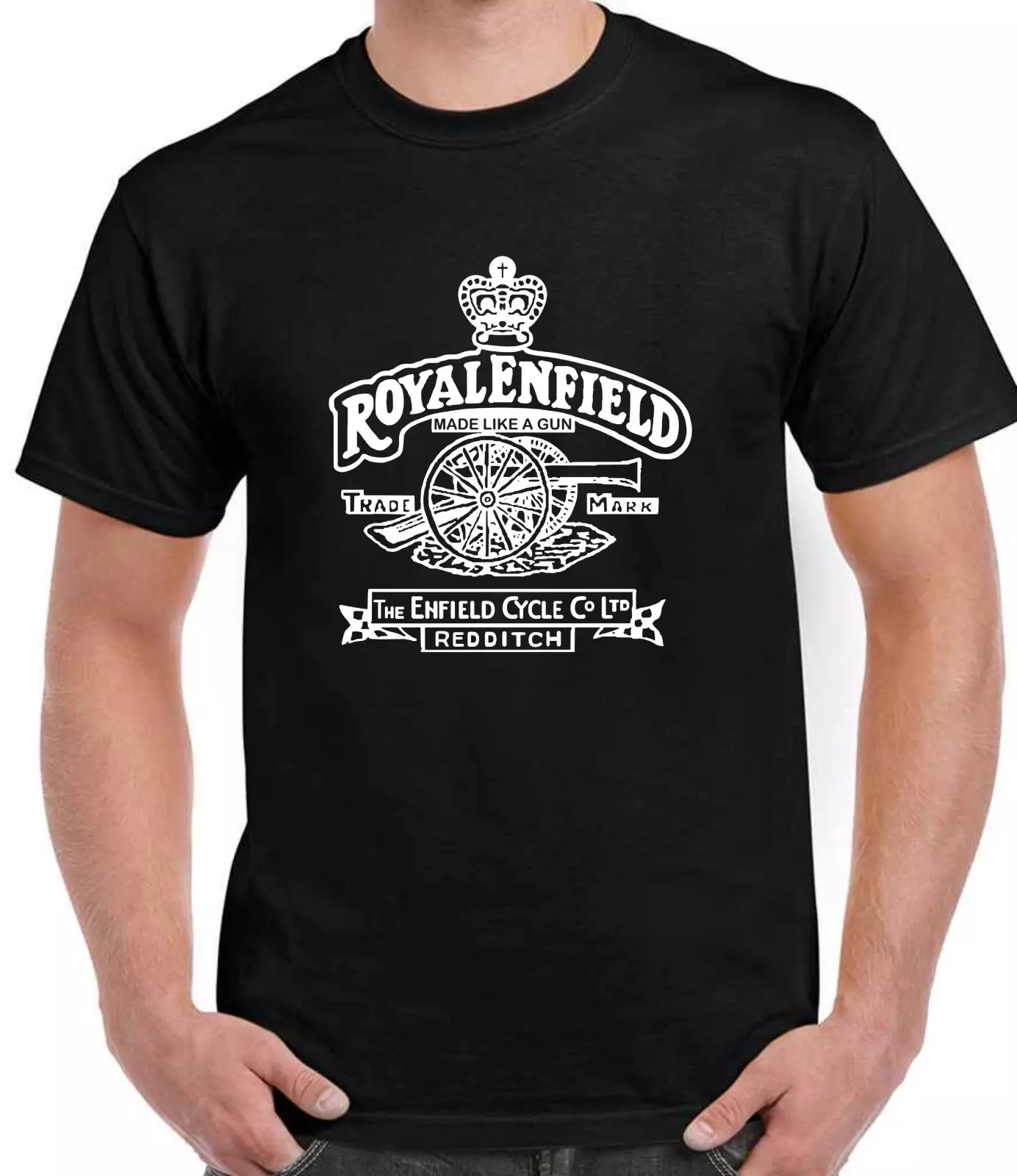 Black t-shirt with white Royal Enfield logo on a white background