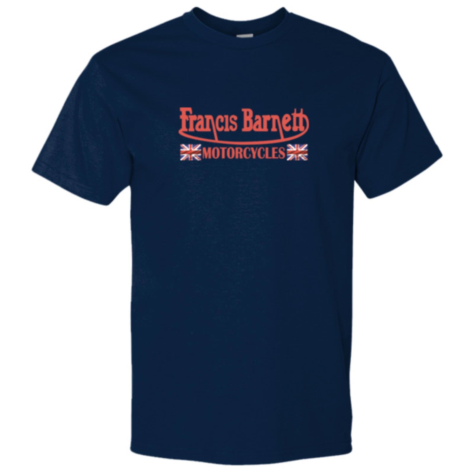 Navy blue t-shirt with red and white text and graphics on a white background