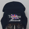 Black beanie with Triumph Bonneville logo on a gray background