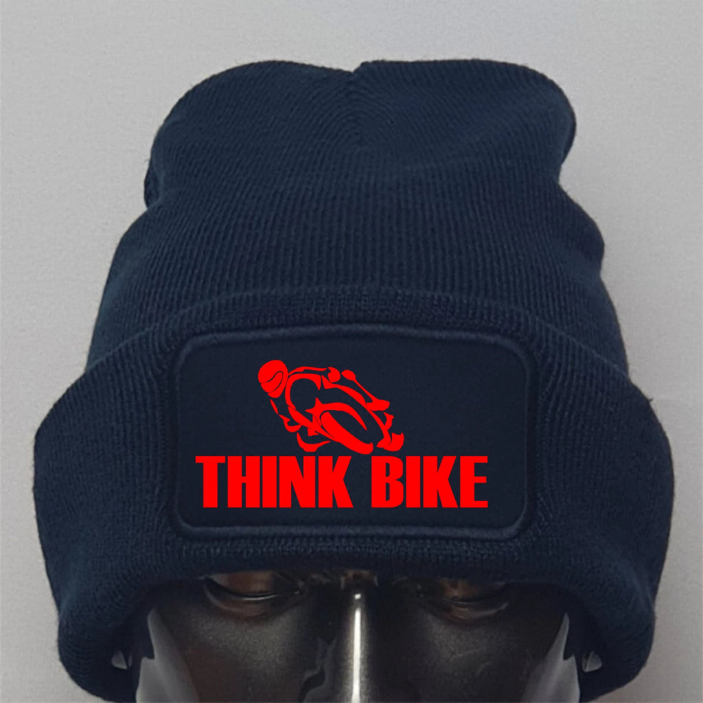 Navy blue beanie with a red 'Think Bike' logo on a gray background
